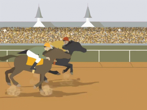 Two Horses Are Racing On A Dirt Track With A Crowd In The Background GIF