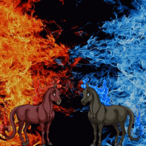 Two Horses Are Standing Next To Each Other With Fire And Water In The Background GIF