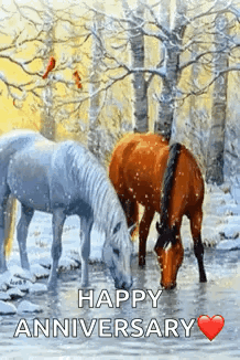 Two Horses Grazing In Snowy Forest GIF
