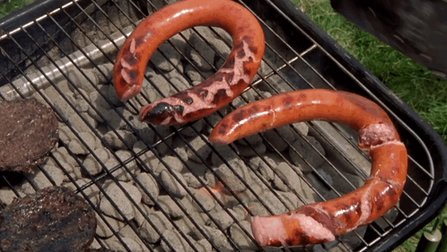 Two Horseshoe Shaped Sausages Are Cooking On A Grill Outside GIF