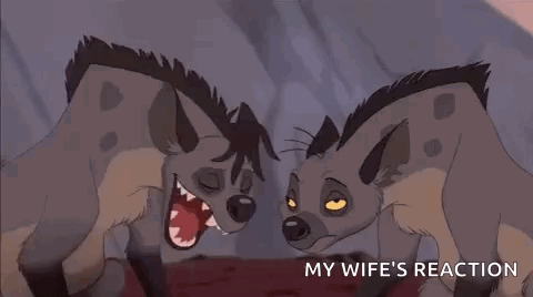 Two Hyenas Are Standing Next To Each Other With Their Mouths Open In A Cartoon Scene From The Lion King . GIF