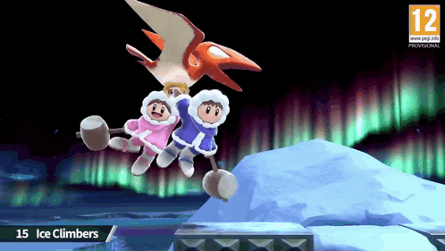 Two Ice Climbers Are Flying In The Air With A Pterodactyl In The Background GIF