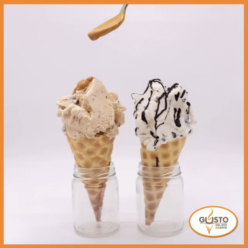 two ice cream cones in jars with a logo for gusto