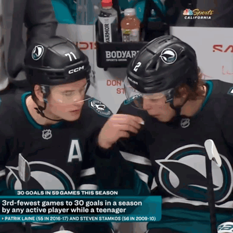 Two Ice Hockey Players Talking 30 Goals in 59 Games This Season