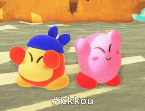 Two Kirbys Are Standing Next To Each Other With #Ickkou Written On The Bottom Right GIF