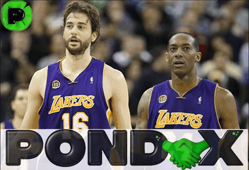 Two Lakers Players Are Shaking Hands In Front Of A Pondx Logo GIF
