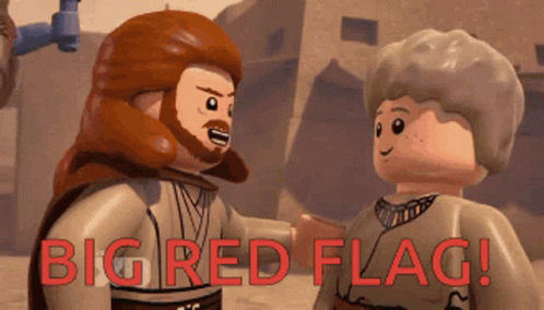 Two Lego Figures Side by Side Big Red Flag