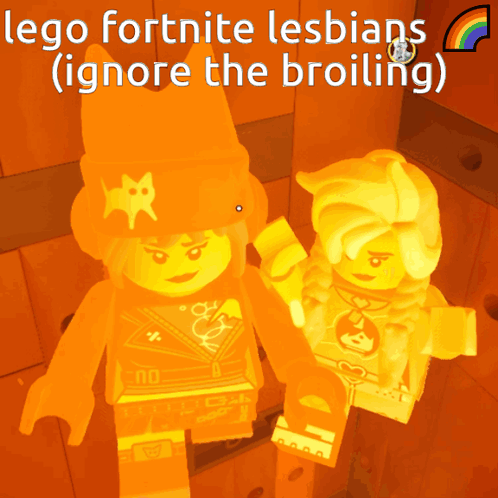 Two Lego Figures Standing Next To Each Other With The Words Lego Fortnite Lesbians ( Ignore The Broiling ) Below Them GIF