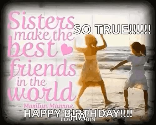Two Little Girls Are Dancing On The Beach With A Birthday Message . GIF