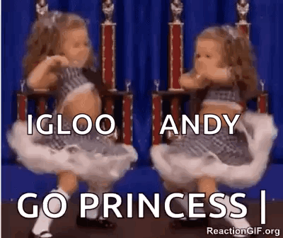 Two Little Girls Are Dancing Together In Front Of Trophies And The Words `` Go Princess '' . GIF