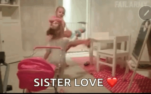Two Little Girls Playing With Stroller And Table GIF