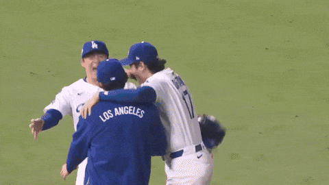 Two Los Angeles Baseball Players Hugging