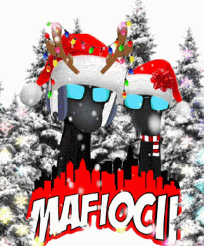 Two Mannequins in Santa Hats and Sunglasses in Front of Mafioli Sign
