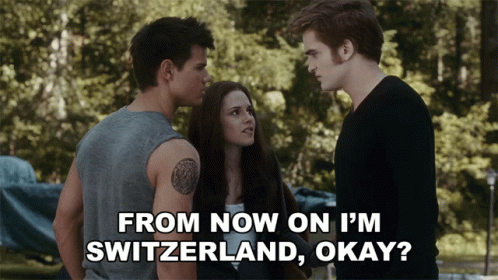 Two Men And A Woman Are Standing Next To Each Other With A Caption That Says From Now On I 'M Switzerland GIF