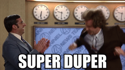 Two Men Are Clapping In Front Of A Wall Of Clocks With The Words Super Duper Above Them GIF