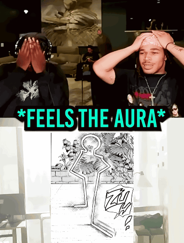 Two Men Are Covering Their Faces In Front Of A Sign That Says Feels The Aura GIF
