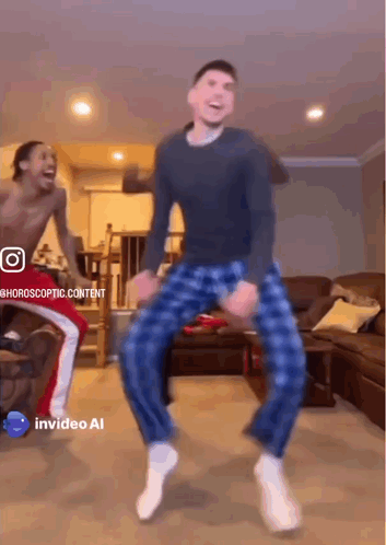 Two Men Are Dancing In A Living Room With The Caption Invideo Ai GIF