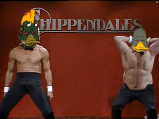 Two Men Are Dancing In Front Of A Sign For Hippendales GIF