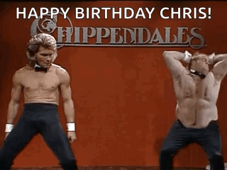Two Men Are Dancing In Front Of A Sign That Says `` Happy Birthday Chris '' . GIF