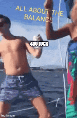 Two Men Are Dancing On A Boat With The Words All About The Balance 400 Luck On The Bottom GIF