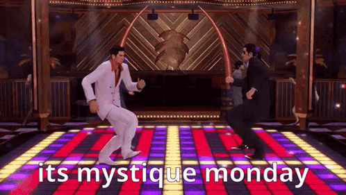 Two Men Are Dancing On A Dance Floor With The Words `` Its Mystique Monday '' Above Them . GIF