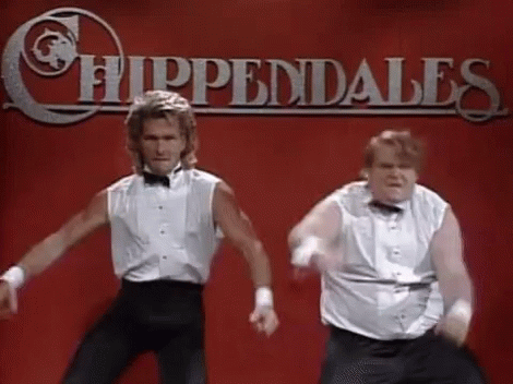 Two Men Are Dancing On A Stage In Front Of A Sign That Says `` Chippendale '' . GIF