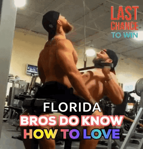 Two Men Are Doing Exercises In A Gym And The Caption Says Florida Bros Do Know How To Love . GIF