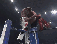 Two Men Are Fighting In A Boxing Ring And One Of Them Is Holding Onto A Blue Pole GIF