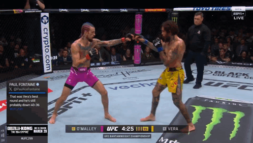 Two Men Are Fighting In A Boxing Ring And One Of Them Is Wearing Purple Shorts And Yellow Shorts GIF