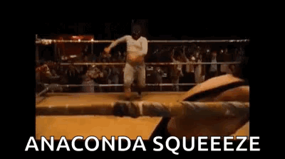 Two Men Are Fighting In A Boxing Ring And The Words `` Anaconda Squeeze '' Are Written On The Screen . GIF