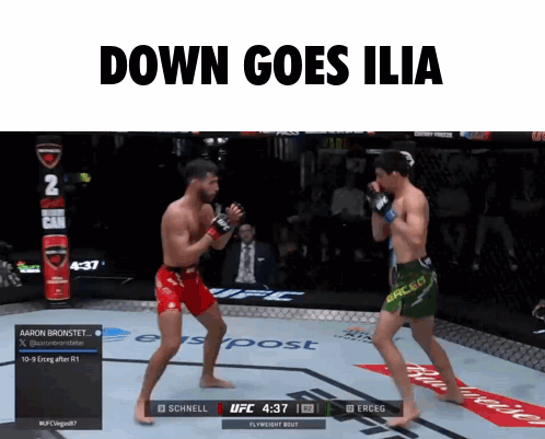 Two Men Are Fighting In A Boxing Ring With The Words " Down Goes Ilia " Above Them GIF