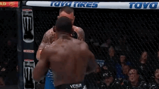 Two Men Are Fighting In A Cage In Front Of A Crowd . GIF