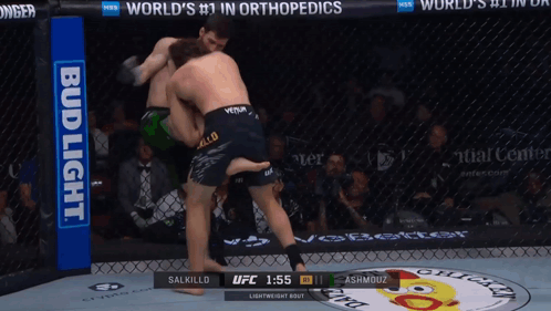 Two Men Are Fighting In A Cage With A Bud Light Banner On The Side GIF