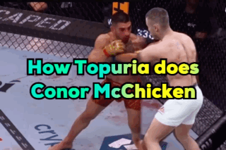 Two Men Are Fighting In A Cage With The Words How Topuria Does Conor Mcchicken Above Them GIF