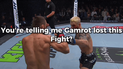 Two Men Are Fighting In A Cage With The Words " You 'Re Telling Me Gamrot Lost This Fight " Below Them GIF
