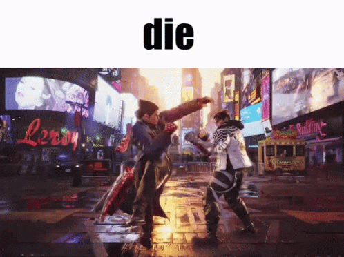 Two Men Are Fighting In A City And The Word Die Is Above Them GIF