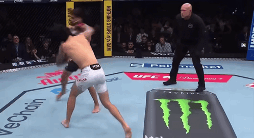two men are fighting in a ring with a monster energy drink on the ground