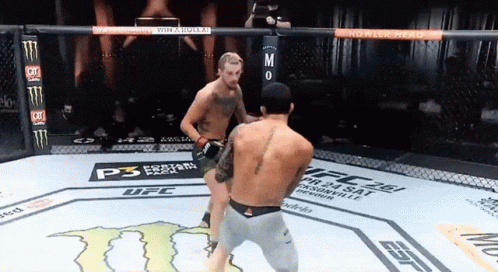 Two Men Are Fighting In A Ufc Ring With A Monster Energy Logo On The Floor GIF