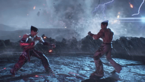 Two Men Are Fighting In A Video Game While Lightning Strikes In The Background GIF