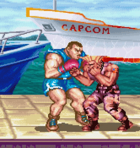 Two Men Are Fighting In Front Of A Capcom Boat GIF