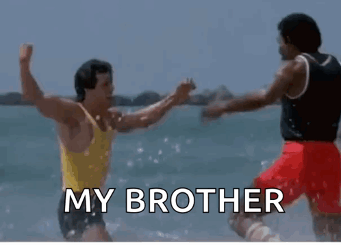 Two Men Are Fighting In The Water On The Beach And The Words `` My Brother '' Are Written On The Bottom . GIF