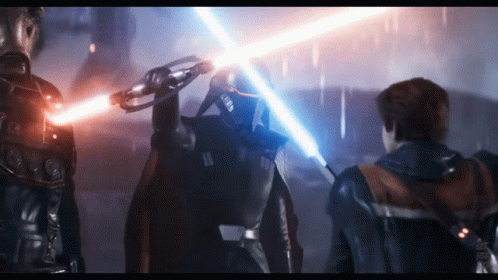 Two Men Are Fighting With Lightsabers And One Has The Number 11 On His Helmet GIF