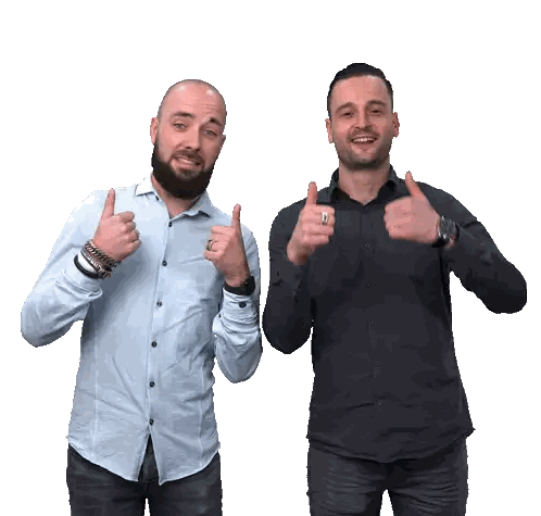 two men are giving a thumbs up sign and one has a ring on his finger