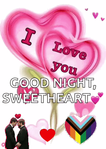 Two Men Are Holding Hands In Front Of A Pink Heart That Says I Love You GIF
