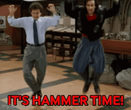 Two Men Are Jumping In The Air With The Words " It 'S Hammer Time " Above Them GIF