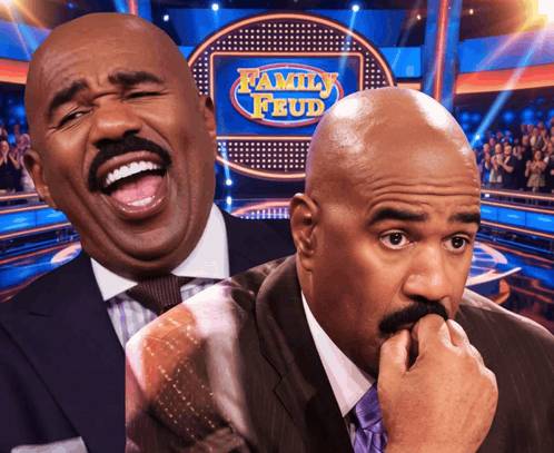 Two Men Are Laughing In Front Of A Family Feud Logo GIF