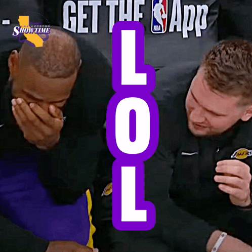 Two Men Are Laughing In Front Of A Sign That Says " Get The Nba App " GIF