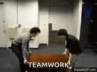 Two Men Are Lifting A Large Piece Of Carpet With The Word Teamwork Written On The Bottom GIF