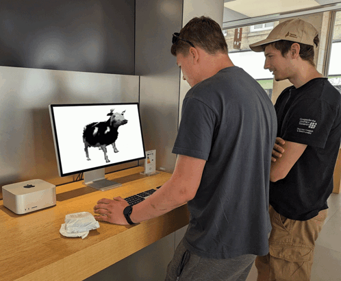 Two Men Are Looking At A Computer Monitor With A Cow On It GIF