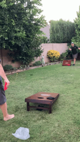 Two Men Are Playing Cornhole In The Backyard GIF